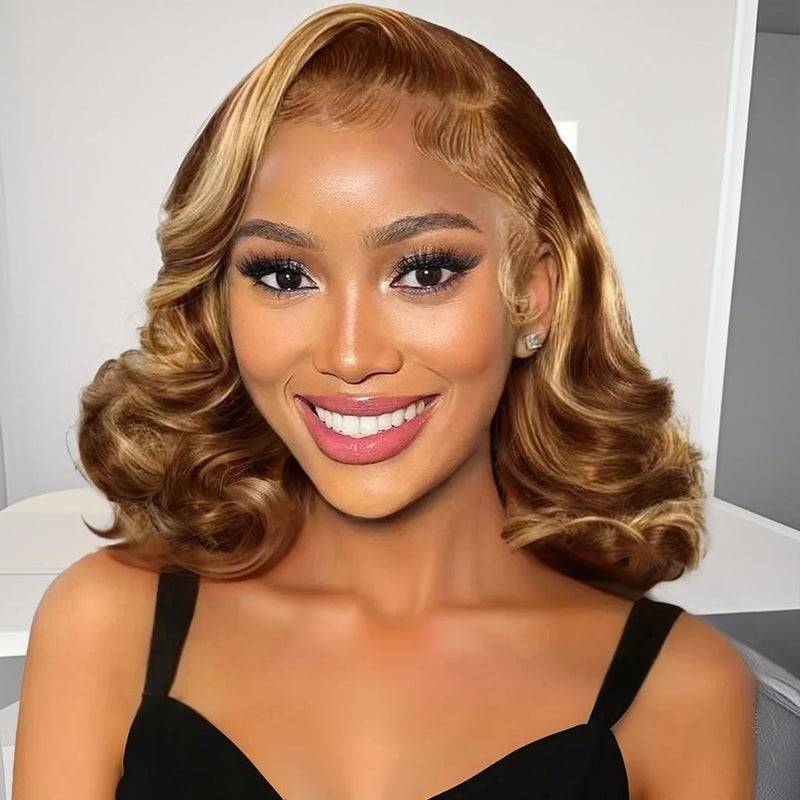 mscoco Glueless Wigs Human Hair Pre Plucked Pre Cut 65 HD Lace Bob Wig Human Hair 180 Density Honey Blonde Ombre Closure Highlight Wig Human Hair for Black Women 427 12inch